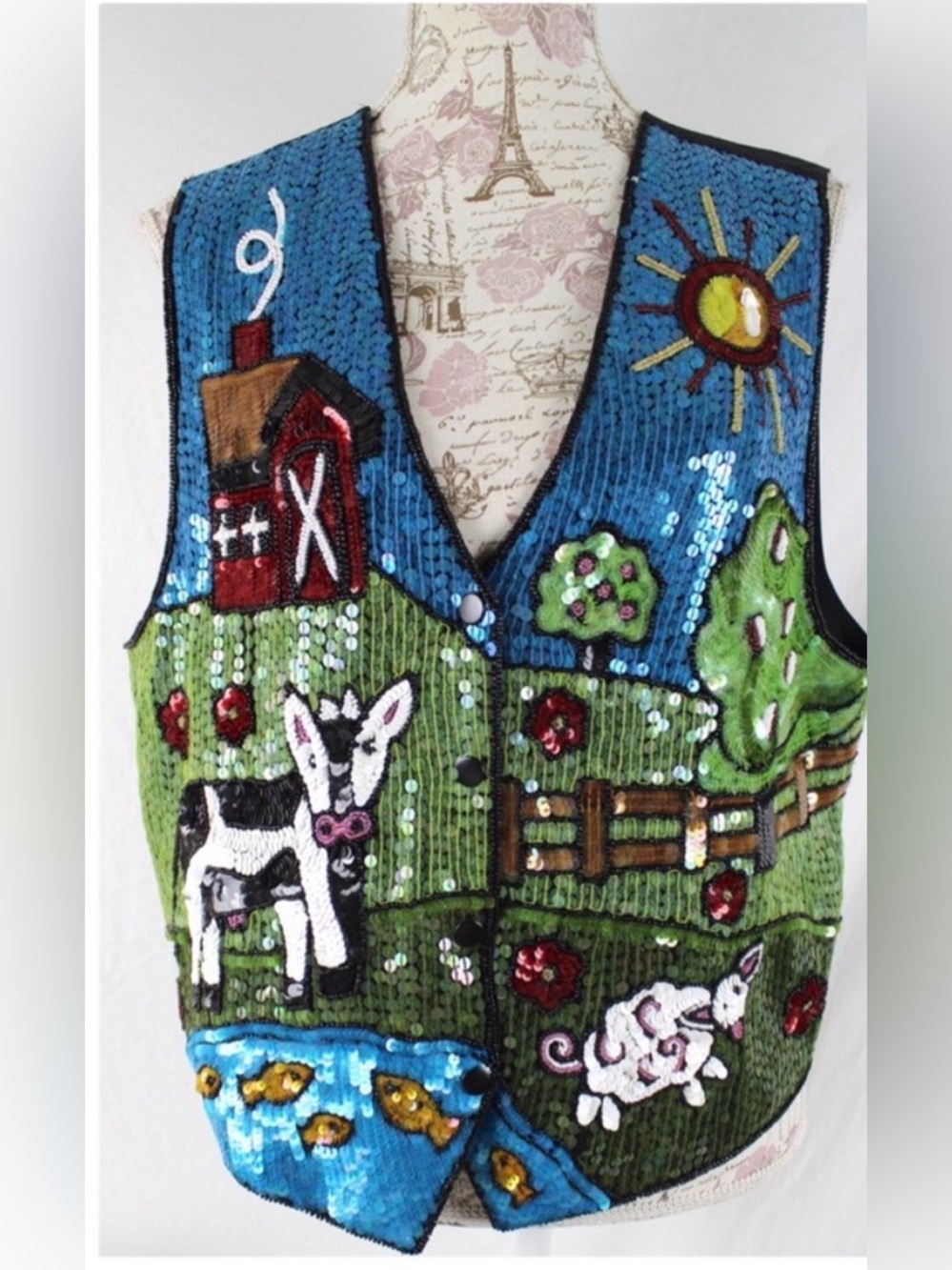 The Quacker Factory vest picturesque country farm landscape in sequeins Medium
